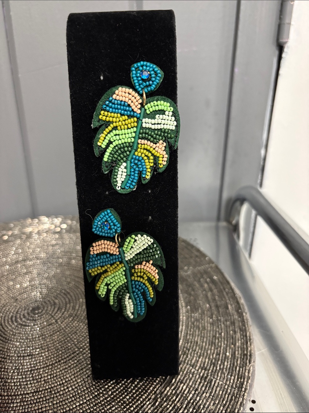 Beaded Tropical Leaf Drop Earrings in Green & Blue